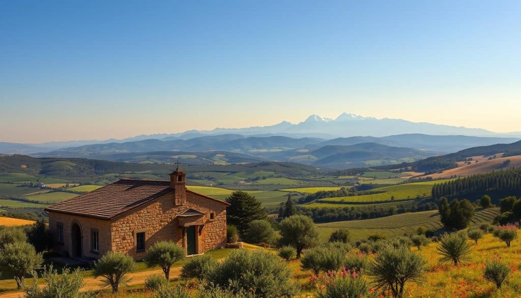 An expansive, lush landscape of Catalonia, its rolling hills and verdant valleys stretching out under a warm, golden sun. In the foreground, a traditional Catalan stone farmhouse, its rustic charm and weathered facade a testament to the region's heritage. Surrounding the house, a vibrant tapestry of olive trees, vineyards, and fields of wildflowers, capturing the essence of Catalonia's agricultural heritage. In the middle ground, the iconic silhouettes of the Pyrenees mountains rise majestically, their snow-capped peaks cutting a dramatic contrast against the azure sky. The scene conveys a sense of timelessness, a harmonious blend of nature, architecture, and the enduring spirit of the Catalan people.