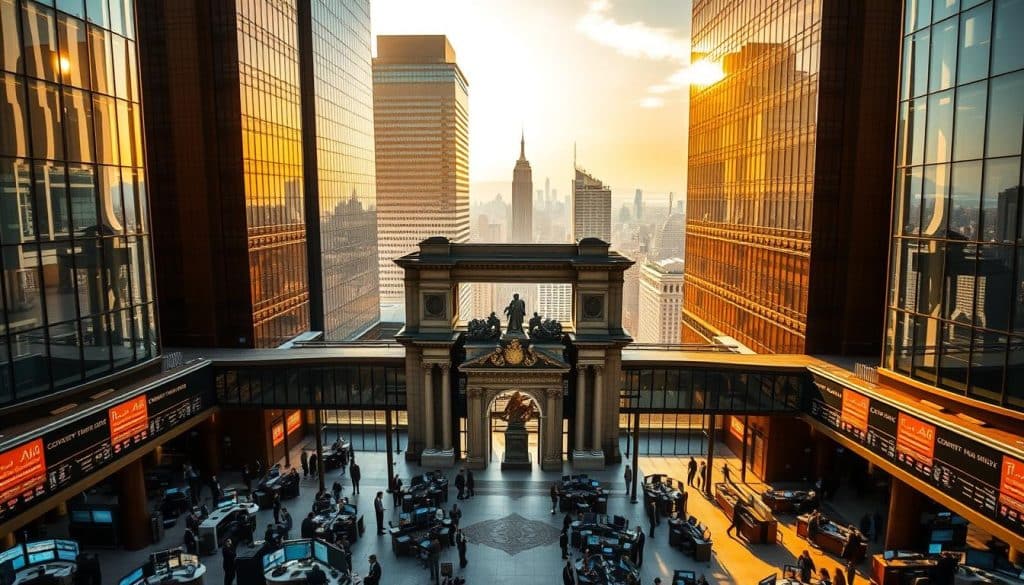 An expansive, modern financial center with towering glass skyscrapers reflecting the golden sunlight. In the foreground, a bustling trading floor with professionals intently monitoring data screens and making trades. The middle ground reveals an ornate grand entrance adorned with intricate stonework and a magnificent bronze statue. The background showcases a panoramic view of the city skyline, highlighting the sheer scale and prominence of this vibrant financial hub. The scene conveys a sense of power, wealth, and the fast-paced, high-stakes nature of accessing global financial markets.