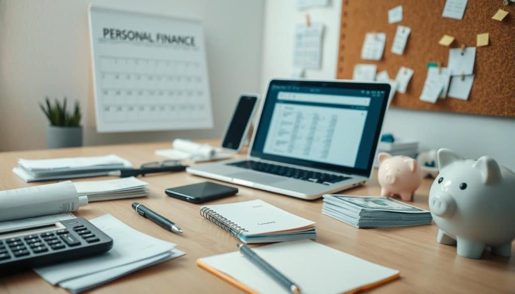 An office desk with a variety of personal finance tools laid out neatly. In the foreground, there are a calculator, a stack of receipts, a pen, and a small notebook. The middle ground features a laptop displaying a spreadsheet, alongside a mobile phone, a stack of bills, and a piggy bank. The background showcases a minimalist wall calendar and a corkboard with budget-related notes and reminders. The lighting is soft and natural, creating a calm and organized atmosphere. The overall scene conveys a sense of control and diligence in managing personal finances.
