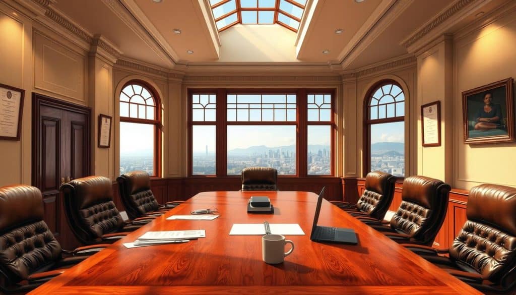 Detailed architectural rendering of a formal conference room, with a large, mahogany table surrounded by comfortable leather chairs. The room is well-lit by a skylight, casting a warm, natural glow. On the table, there are documents, a laptop, and a coffee mug, suggesting an ongoing meeting about retirement requirements. The walls are adorned with framed certificates and awards, conveying a professional, authoritative atmosphere. Through the large windows, a scenic cityscape is visible, further emphasizing the institutional setting. The overall mood is one of serious discussion and decision-making around the topic of partial retirement.