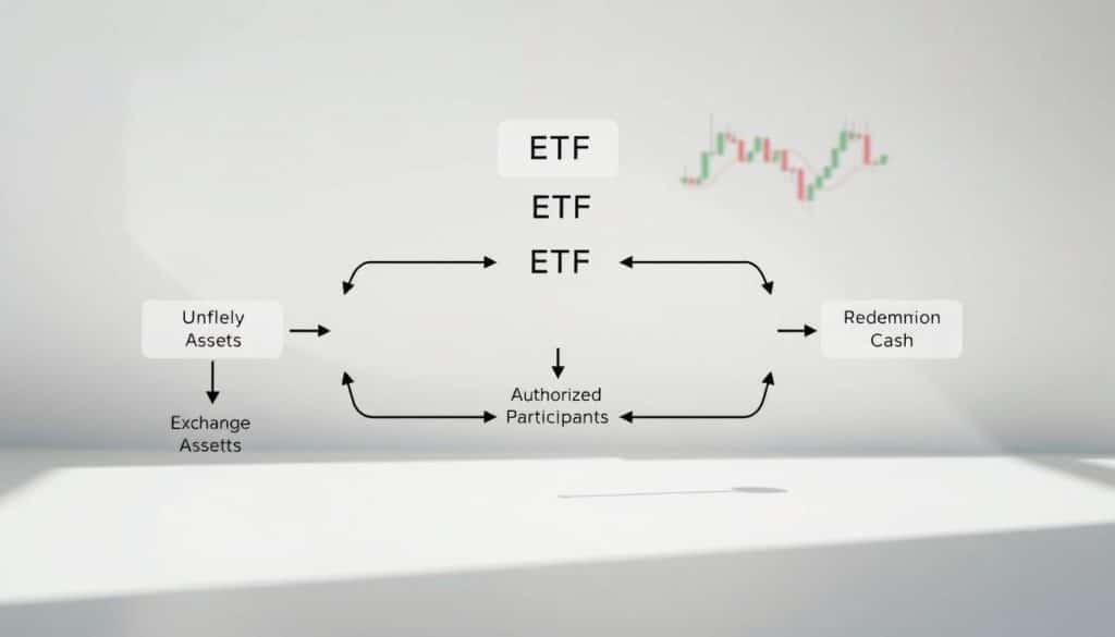 Detailed diagram of ETF structure and trading, presented in a clean, minimalist style. Foreground shows the basic components of an ETF - the underlying assets, the fund manager, and the exchange listing. Middle ground depicts the ETF creation and redemption process, with arrows indicating the flow of securities and cash between investors, authorized participants, and the fund. Background features a stock chart or candlestick graph to illustrate the ETF's trading activity and price movements on the exchange. Bright, natural lighting casts soft shadows, creating a sense of depth and clarity. Camera angle is slightly elevated to provide an overview, with a focus on simplicity and legibility of the key information.