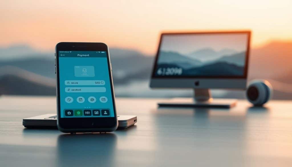 Detailed digital payment process depicting a modern, sleek user interface with clean lines and intuitive controls. The foreground shows a smartphone screen displaying a secure transaction flow, with icons and interactive elements guiding the user through the payment steps. The middle ground features a minimalist desktop computer or tablet, representing the supporting technology infrastructure. The background showcases a serene, abstract landscape with subtle gradients and geometric shapes, conveying a sense of digital harmony. Warm, natural lighting casts a soft glow, creating a polished, high-tech aesthetic. Depth of field and camera angle emphasize the seamless integration of devices and user experience.