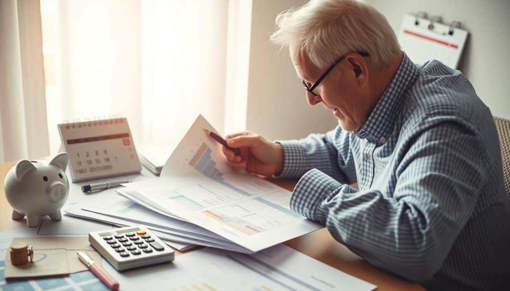 Detailed financial planning for retirement, with a focus on savings, investments, and income sources. A serene and organized scene depicting an elderly person reviewing financial documents and charts, surrounded by symbols of financial security and stability - such as a savings piggy bank, a retirement calculator, and a calendar with a retirement date circled. The lighting is soft and warm, creating a sense of contemplation and preparation. The composition emphasizes the importance of thoughtful, long-term financial planning for a comfortable and secure retirement. Detailed financial planning for retirement, with a focus on savings, investments, and income sources. A serene and organized scene depicting an elderly person reviewing financial documents and charts, surrounded by symbols of financial security and stability - such as a savings piggy bank, a retirement calculator, and a calendar with a retirement date circled. The lighting is soft and warm, creating a sense of contemplation and preparation. The composition emphasizes the importance of thoughtful, long-term financial planning for a comfortable and secure retirement.