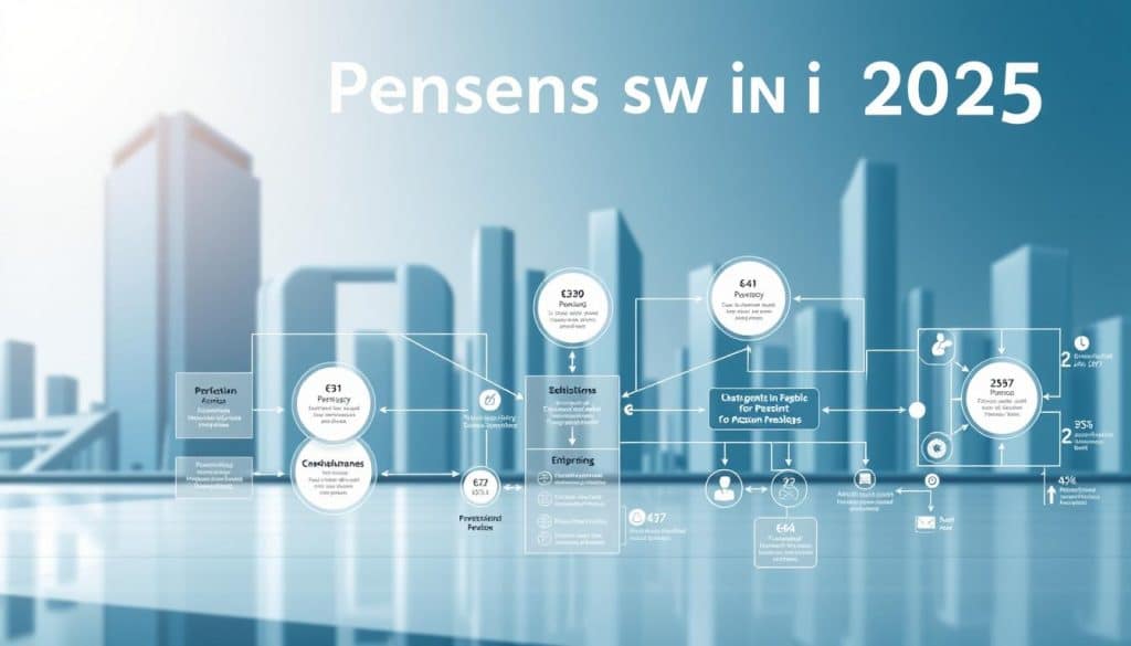 Detailed illustration of the Spanish pension system in 2025, depicting a comprehensive overview. A futuristic, minimalist cityscape serves as the backdrop, with sleek modern architecture and clean lines. In the foreground, a series of interconnected diagrams and infographics present key information about pension amounts, eligibility, and reforms. The design is visually striking, using a cool color palette of blues and grays to convey a sense of stability and reliability. Subtle lighting and depth of field create a sense of depth and dimensionality, drawing the viewer's eye through the various components of the system. The overall impression is one of a well-organized, technologically advanced pension framework designed to serve the needs of Spanish citizens in the years ahead. Detailed illustration of the Spanish pension system in 2025, depicting a comprehensive overview. A futuristic, minimalist cityscape serves as the backdrop, with sleek modern architecture and clean lines. In the foreground, a series of interconnected diagrams and infographics present key information about pension amounts, eligibility, and reforms. The design is visually striking, using a cool color palette of blues and grays to convey a sense of stability and reliability. Subtle lighting and depth of field create a sense of depth and dimensionality, drawing the viewer's eye through the various components of the system. The overall impression is one of a well-organized, technologically advanced pension framework designed to serve the needs of Spanish citizens in the years ahead.