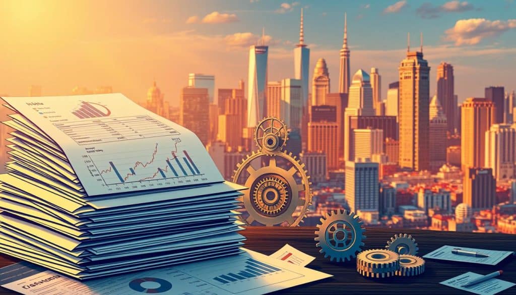 Detailed illustration showcasing the advantages and risks of investing in Exchange Traded Funds (ETFs). In the foreground, a stack of financial documents and charts depicting key ETF metrics such as diversification, low costs, and trading flexibility. In the middle ground, a network of interconnected gears and cogwheels representing the complex mechanisms underlying ETF operations. In the background, a vibrant cityscape with towering skyscrapers, symbolizing the dynamic financial markets. The scene is illuminated by a warm, golden light, conveying a sense of professional expertise and informed decision-making. The overall composition strikes a balance between the analytical and the aspirational, reflecting the nuanced nature of ETF investing.