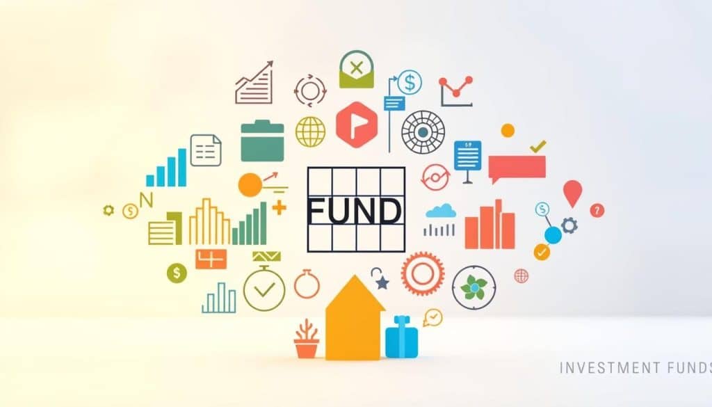 Detailed investment fund types illustration. A visually striking composition depicting various investment fund symbols and icons, arranged in a balanced, symmetrical layout. The foreground features a central focus on a collection of diverse investment fund types, such as equity, bond, money market, and index funds, each represented by distinct shapes and colors. The middle ground showcases a subtle grid or matrix structure, hinting at the underlying framework and relationships between the different fund types. The background is a softly blurred, minimalist gradient or texture, providing a clean, modern backdrop that allows the investment fund elements to stand out. The overall mood is one of professionalism, clarity, and financial sophistication, suitable for an informative article on investment funds.