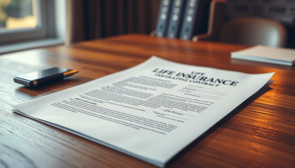 Detailed life insurance contract document lying on a wooden desk, illuminated by warm, natural lighting from a window. The contract features a clean, professional design with intricate details, signatures, and legal terminology. The background is slightly blurred, placing the focus on the important paperwork. A sense of security and financial responsibility is conveyed through the precise composition and careful attention to the contract's visual elements.