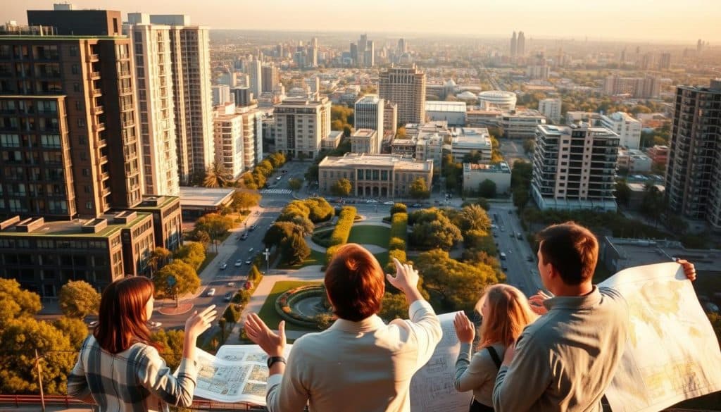 Expansive landscape of a thriving urban neighborhood, with modern high-rise buildings, well-manicured parks, and bustling streets. In the foreground, a group of people engaged in a lively discussion, gesturing towards real estate listings and architectural plans, conveying the excitement and uncertainty of starting a real estate investment journey. Warm, golden lighting bathes the scene, creating a sense of optimism and possibility. The composition emphasizes the scale and grandeur of the real estate opportunities, while also highlighting the human element of the decision-making process. A sense of anticipation and potential permeates the image, capturing the essence of "how to start investing in real estate".