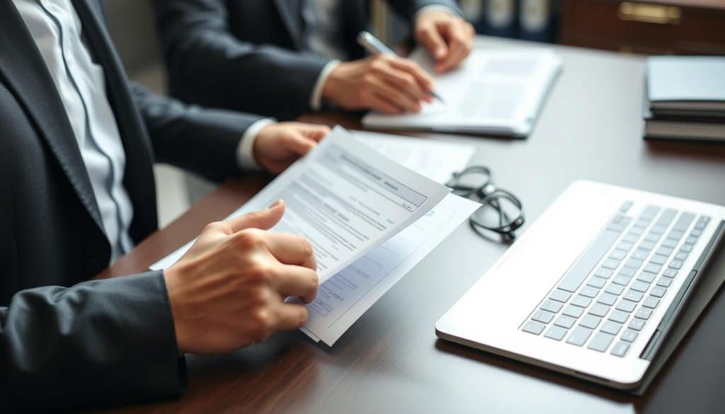Formal insurance claim: a professional business office scene with a desk, laptop, documents, and a person in a suit filling out paperwork. Soft, neutral lighting casts a sense of seriousness and importance. The background is blurred, keeping the focus on the desk and the claimant. The composition is clean and balanced, conveying an atmosphere of diligence and attention to detail required for a successful insurance claim. Realistic, high-quality rendering with attention to textures and materials.