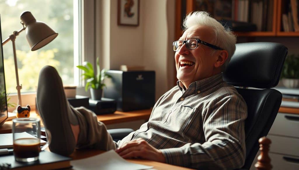 Jubilant retiree joyfully bidding farewell to the workplace, mid-morning sunlight illuminating a cozy home office setting. A warm, inviting atmosphere, with playful details hinting at the new found freedom - a half-empty coffee mug, a well-thumbed novel, and a small toy figurine on the desk. The subject's expression radiates a sense of contentment and humor, their body language relaxed and carefree, as they lean back in an ergonomic chair, feet propped up on the desk. Soft, diffused lighting creates a flattering, cinematic look, while a glimpse of lush greenery outside the window suggests a peaceful, suburban setting. Jubilant retiree joyfully bidding farewell to the workplace, mid-morning sunlight illuminating a cozy home office setting. A warm, inviting atmosphere, with playful details hinting at the new found freedom - a half-empty coffee mug, a well-thumbed novel, and a small toy figurine on the desk. The subject's expression radiates a sense of contentment and humor, their body language relaxed and carefree, as they lean back in an ergonomic chair, feet propped up on the desk. Soft, diffused lighting creates a flattering, cinematic look, while a glimpse of lush greenery outside the window suggests a peaceful, suburban setting.