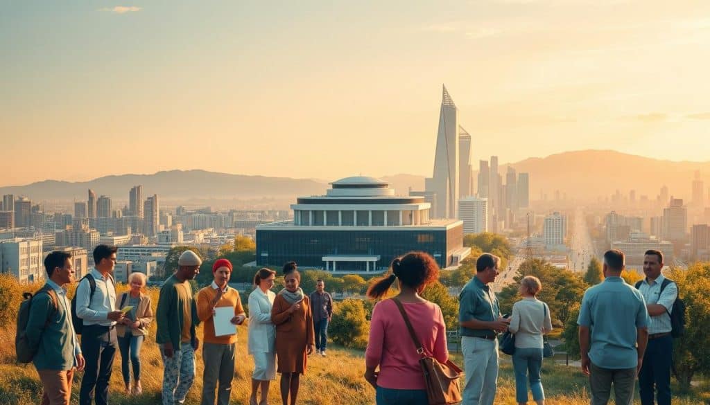 Layered landscape depicting the benefits of partial retirement. In the foreground, a group of diverse individuals engaged in activities that symbolize social services and benefits, such as receiving a pension, accessing healthcare, or participating in community programs. The middle ground showcases a modern, well-designed office or government building, representing the administrative aspect of the social security system. In the background, a vibrant cityscape with skyscrapers and bustling streets, suggesting the broader economic and social context. The scene is illuminated by warm, golden lighting, creating a sense of optimism and well-being. The overall composition conveys a harmonious balance between individual needs and societal support, reflecting the compatibility and interconnectedness of social benefits and partial retirement.
