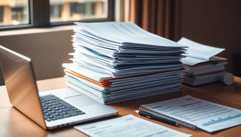 Meticulously organized financial documents neatly stacked on a minimalist wooden desk, illuminated by warm, natural lighting filtering through a window. A modern, sleek laptop and a few essential office supplies accentuate the tidy workspace, conveying a sense of focused productivity. The documents include carefully labeled folders, spreadsheets, and statements, reflecting the diligent management of personal finances. The overall scene exudes a calm, professional atmosphere, perfectly suited to illustrate the "Reunir Documentación e Información Financiera" section of the article "Cómo Hacer un Presupuesto Familiar Paso a Paso". Meticulously organized financial documents neatly stacked on a minimalist wooden desk, illuminated by warm, natural lighting filtering through a window. A modern, sleek laptop and a few essential office supplies accentuate the tidy workspace, conveying a sense of focused productivity. The documents include carefully labeled folders, spreadsheets, and statements, reflecting the diligent management of personal finances. The overall scene exudes a calm, professional atmosphere, perfectly suited to illustrate the "Reunir Documentación e Información Financiera" section of the article "Cómo Hacer un Presupuesto Familiar Paso a Paso".