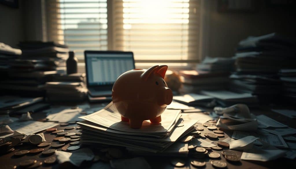 Obstáculos para ahorrar dinero: A dimly lit financial office, cluttered with stacks of bills, scattered coins, and crumpled receipts. In the foreground, a piggy bank sits atop a stack of unpaid invoices, casting a long shadow across the desk. Hazy sunlight filters through the blinds, creating a somber, introspective mood. In the middle ground, a laptop displays a spreadsheet with daunting numbers, highlighting the challenges of personal budgeting. The background is blurred, but suggests a sense of overwhelming financial obligations and limited resources. Captured with a wide-angle lens, the scene conveys the common obstacles faced when trying to save money effectively.