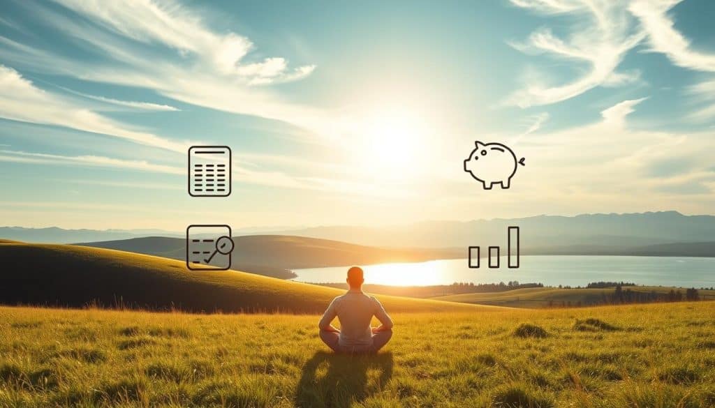 Peaceful financial strategies: a serene landscape with a rolling meadow, soft sunlight filtering through wispy clouds, and a tranquil lake reflecting the sky. In the foreground, a person sits cross-legged, eyes closed, deep in contemplation, radiating a sense of calm and focus. The middle ground features simple financial icons - a calculator, a piggy bank, and a bar graph - all rendered in muted, earthy tones. The background showcases a distant mountain range, evoking a sense of possibility and perspective. The overall mood is one of clarity, balance, and freedom from stress, capturing the essence of making sound financial decisions with a tranquil mindset. Peaceful financial strategies: a serene landscape with a rolling meadow, soft sunlight filtering through wispy clouds, and a tranquil lake reflecting the sky. In the foreground, a person sits cross-legged, eyes closed, deep in contemplation, radiating a sense of calm and focus. The middle ground features simple financial icons - a calculator, a piggy bank, and a bar graph - all rendered in muted, earthy tones. The background showcases a distant mountain range, evoking a sense of possibility and perspective. The overall mood is one of clarity, balance, and freedom from stress, capturing the essence of making sound financial decisions with a tranquil mindset.