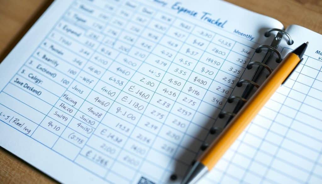 Prompt A neatly organized monthly expense tracker, with rows and columns for categorizing and calculating different types of expenses. The layout is clean and minimalist, with a calming blue and white color scheme. Handwritten notes and calculations fill the page, conveying a sense of personal, hands-on financial management. The overall mood is one of control, organization, and a thoughtful approach to personal finances. The composition is centered, with the expense tracker filling the frame, captured from a slightly elevated angle to provide a clear, unobstructed view.