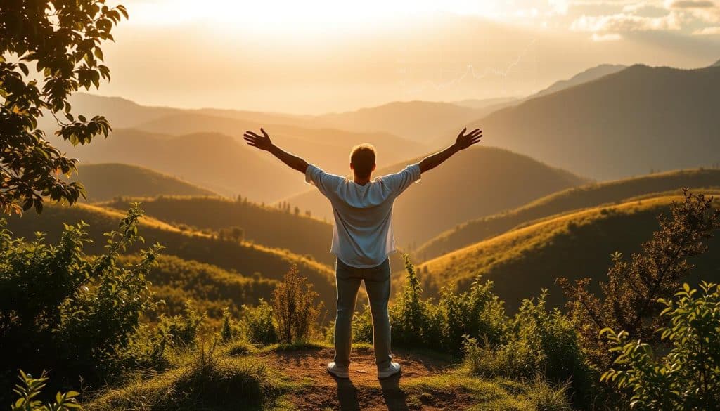 Prompt A serene financial landscape, illuminated by warm afternoon light. In the foreground, a person stands with arms outstretched, symbolizing the liberation from financial constraints. Lush greenery and rolling hills frame the scene, conveying a sense of tranquility and newfound freedom. Subtle financial elements, such as graphs and charts, are tastefully integrated into the background, suggesting the careful management of debts and the pursuit of financial well-being. The composition is balanced, with a harmonious interplay of natural and financial elements, creating a visually compelling representation of the journey towards financial liberty. Prompt A serene financial landscape, illuminated by warm afternoon light. In the foreground, a person stands with arms outstretched, symbolizing the liberation from financial constraints. Lush greenery and rolling hills frame the scene, conveying a sense of tranquility and newfound freedom. Subtle financial elements, such as graphs and charts, are tastefully integrated into the background, suggesting the careful management of debts and the pursuit of financial well-being. The composition is balanced, with a harmonious interplay of natural and financial elements, creating a visually compelling representation of the journey towards financial liberty.