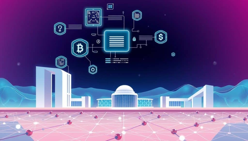 Prompt A sleek, modern illustration showcasing smart contracts and blockchain automation. In the foreground, a stylized blockchain network with interconnected nodes and data streams. Hovering above, holographic smart contract icons and algorithms illustrate their automated execution. The middle ground features clean, geometric architecture and UI elements, conveying a sense of technological sophistication. The background is filled with a vibrant, gradient-based landscape, evoking a futuristic, digital realm. The overall mood is one of innovation, efficiency, and the transformative power of decentralized finance.