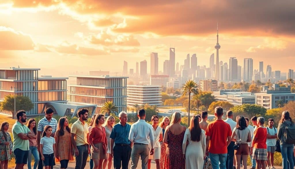 Protección social 2025: a vibrant, forward-looking landscape depicting the future of social welfare. In the foreground, a diverse group of individuals - young and old, of varying backgrounds - stand together, representing the inclusive nature of the social safety net. The middle ground features modern, energy-efficient buildings housing social services, with clean lines and a sleek, contemporary aesthetic. In the background, a cityscape rises, showcasing the integration of technology and sustainable infrastructure, symbolizing the advancements in public policy. Warm, diffused lighting casts a hopeful glow, evoking a sense of progress and optimism. The overall scene conveys a vision of a socially-conscious, equitable society where no one is left behind.