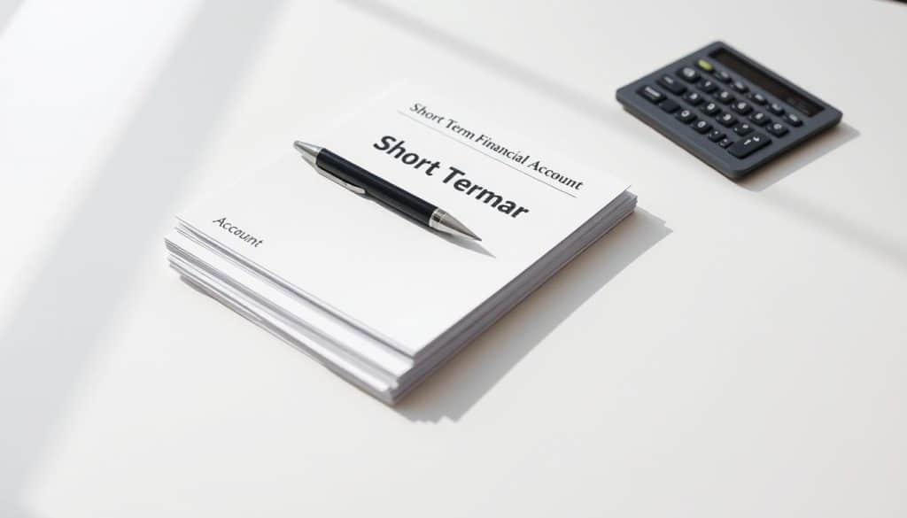 Sleek and professional financial instruments arranged on a minimalist desk. A stack of short-term financial account statements, a calculator, and a pen resting on a plain white surface. Soft, directional lighting creates subtle shadows, lending an air of sophistication. The composition emphasizes simplicity and efficiency, reflecting the accessible and reliable nature of short-term financial products. The overall mood is one of clarity, organization, and prudent fiscal management.