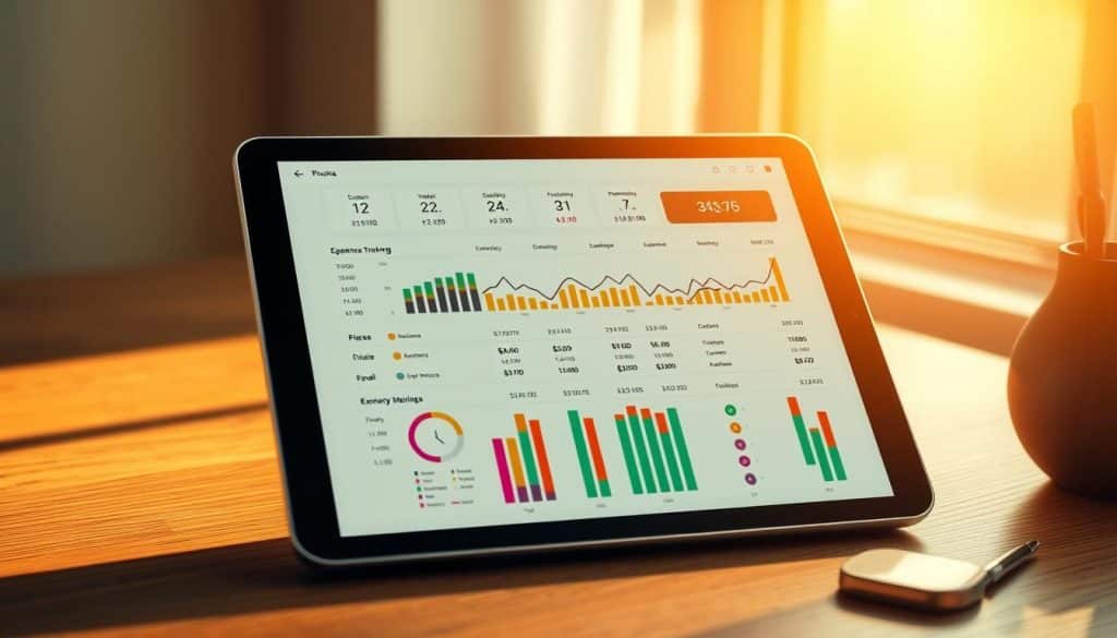 Sleek personal finance management concept. Detailed illustration of a well-organized expense tracking system, with color-coded categories, clear data visualizations, and intuitive interface on a tablet device. Warm, natural lighting illuminates the scene, creating a sense of focus and productivity. The composition emphasizes the balance between financial planning and daily expense management, conveying a harmonious and efficient approach to personal budgeting. Subtle shadows and reflections add depth and realism to the digital display. A minimalist, elegant aesthetic reflects the calm and controlled nature of effective financial organization.